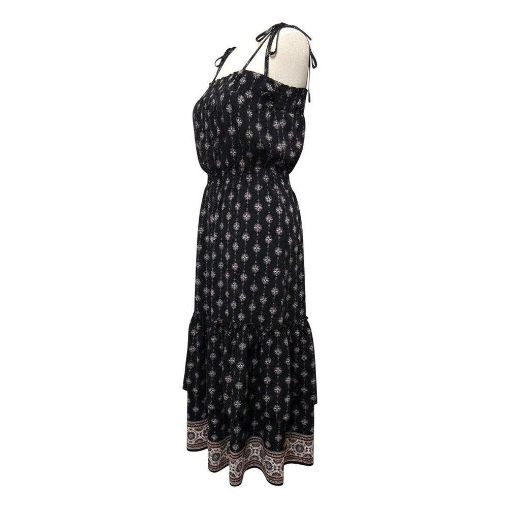 Misa Azalea Black Boho Floral Midi‎ Dress W/ Self-Tie Straps Smocked Waist Sz M - Picture 3 of 10